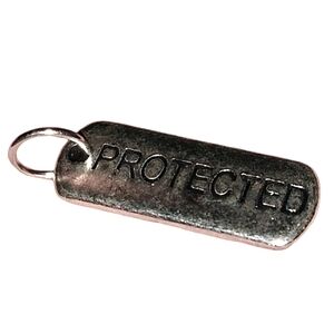 Silver Thin Oblong Dog Tag Charm Word Bar Spell Pendant Protected Good Luck